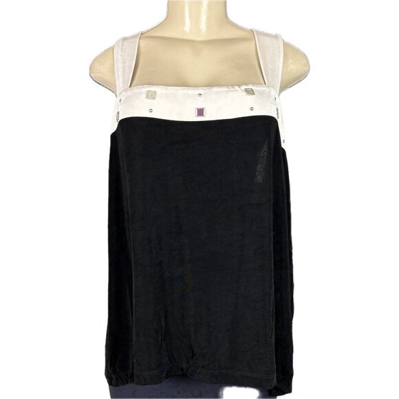 Slinky Brand 3X Black Stud Deta Cream Contrast Acetate Wide Strap Sleeveless Top - Picture 2 of 6